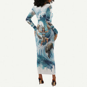 Satis Water Torrent Long Sleeve Bodycon Dress with Egyptian Flood Symbolism in Oceanic Blue Tones