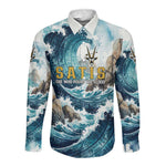 Satis Water Torrent Long Sleeve Button Shirt with Egyptian Flood Symbolism in Oceanic Blue Tones