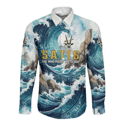 Satis Water Torrent Long Sleeve Button Shirt with Egyptian Flood Symbolism in Oceanic Blue Tones