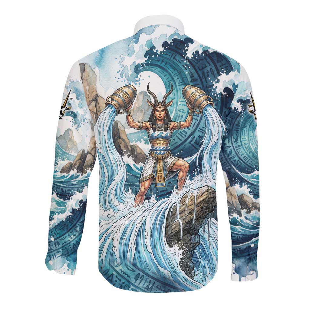 Satis Water Torrent Long Sleeve Button Shirt with Egyptian Flood Symbolism in Oceanic Blue Tones