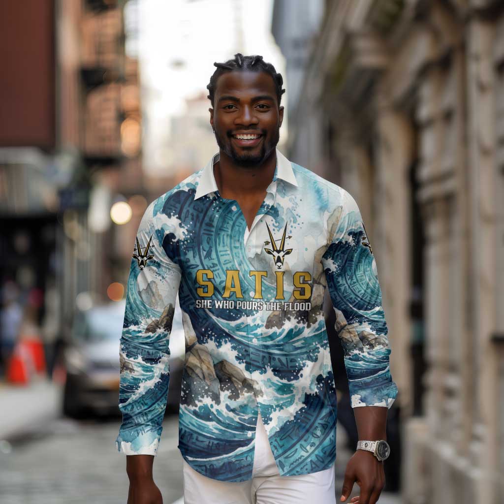 Satis Water Torrent Long Sleeve Button Shirt with Egyptian Flood Symbolism in Oceanic Blue Tones