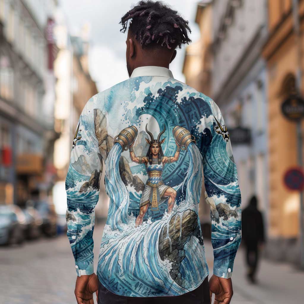 Satis Water Torrent Long Sleeve Button Shirt with Egyptian Flood Symbolism in Oceanic Blue Tones