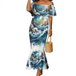 Satis Water Torrent Mermaid Dress with Egyptian Flood Symbolism in Oceanic Blue Tones