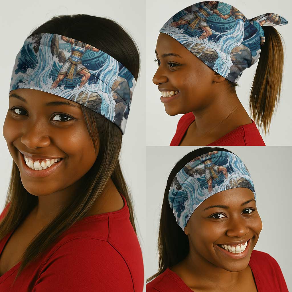 Satis Water Torrent Neck Gaiter with Egyptian Flood Symbolism in Oceanic Blue Tones