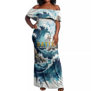 Satis Water Torrent Off Shoulder Maxi Dress with Egyptian Flood Symbolism in Oceanic Blue Tones