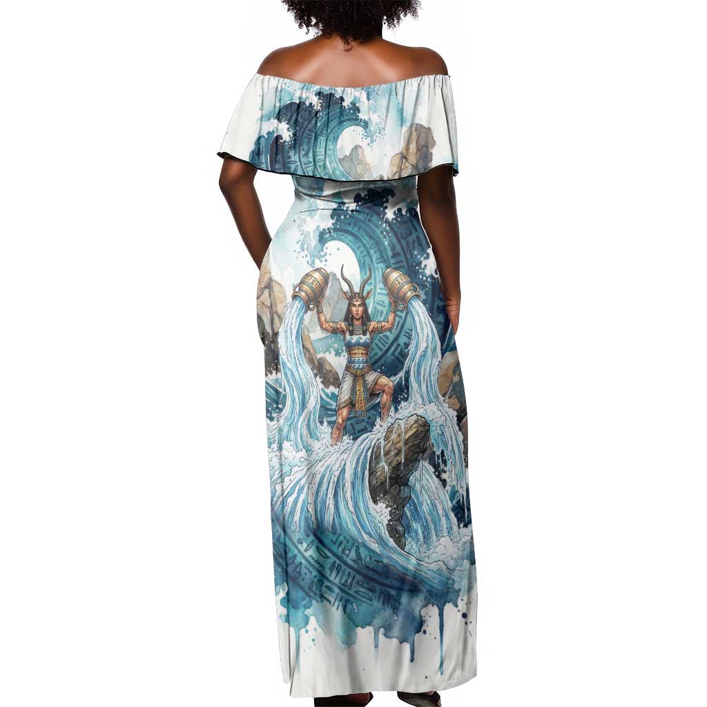Satis Water Torrent Off Shoulder Maxi Dress with Egyptian Flood Symbolism in Oceanic Blue Tones