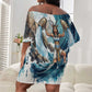 Satis Water Torrent Off Shoulder Short Dress with Egyptian Flood Symbolism in Oceanic Blue Tones