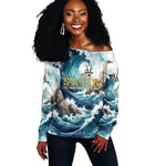 Satis Water Torrent Off Shoulder Sweater with Egyptian Flood Symbolism in Oceanic Blue Tones