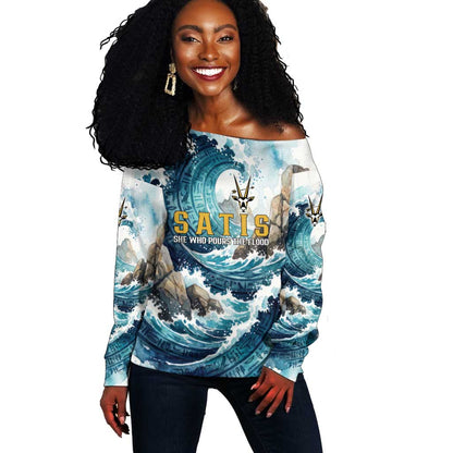 Satis Water Torrent Off Shoulder Sweater with Egyptian Flood Symbolism in Oceanic Blue Tones