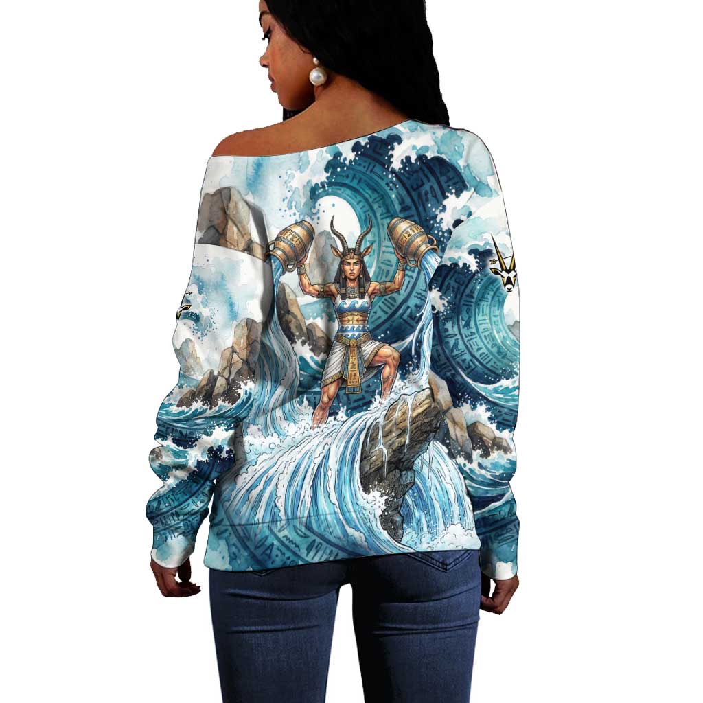 Satis Water Torrent Off Shoulder Sweater with Egyptian Flood Symbolism in Oceanic Blue Tones