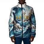 Satis Water Torrent Padded Jacket with Egyptian Flood Symbolism in Oceanic Blue Tones