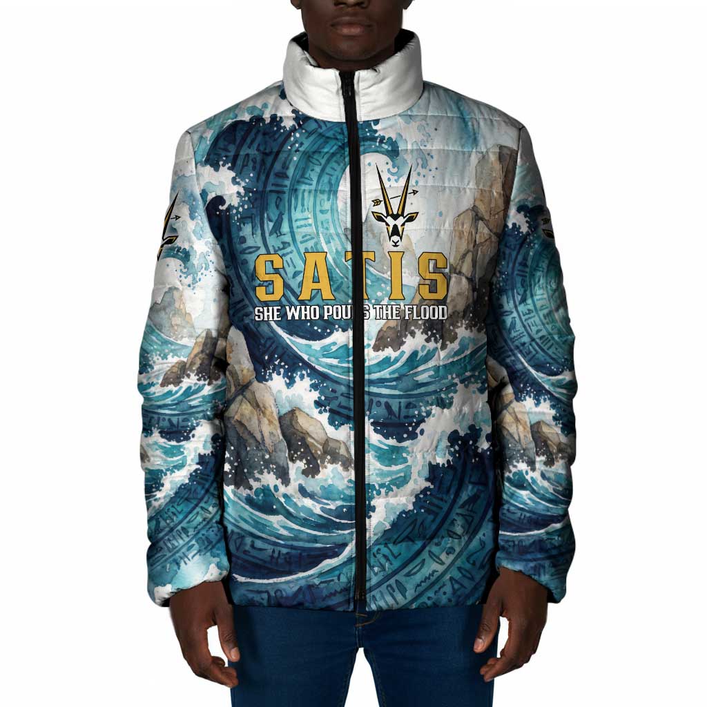 Satis Water Torrent Padded Jacket with Egyptian Flood Symbolism in Oceanic Blue Tones