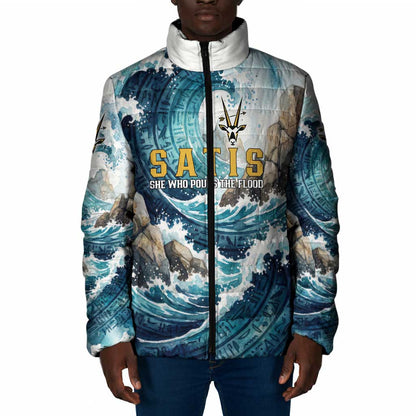 Satis Water Torrent Padded Jacket with Egyptian Flood Symbolism in Oceanic Blue Tones