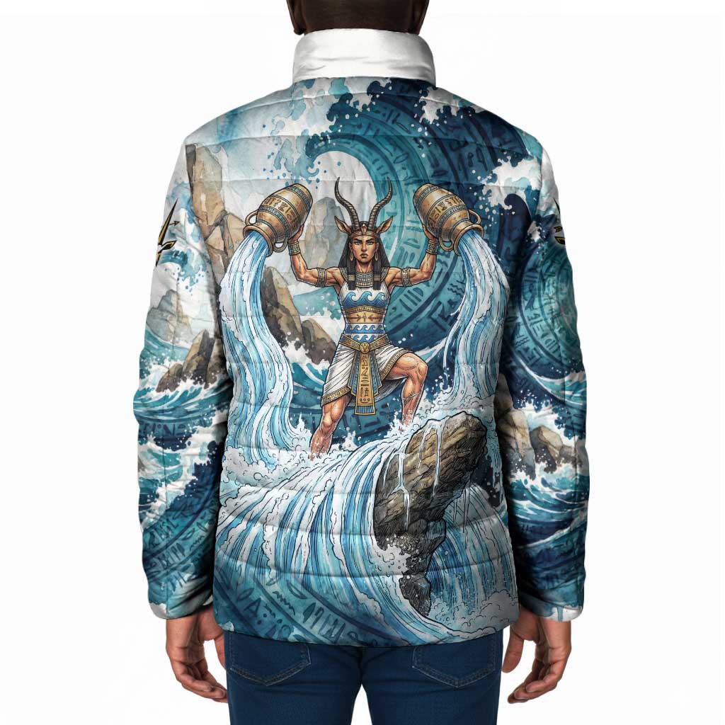 Satis Water Torrent Padded Jacket with Egyptian Flood Symbolism in Oceanic Blue Tones