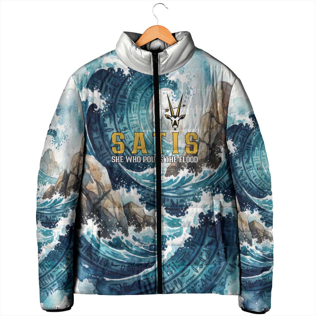 Satis Water Torrent Padded Jacket with Egyptian Flood Symbolism in Oceanic Blue Tones
