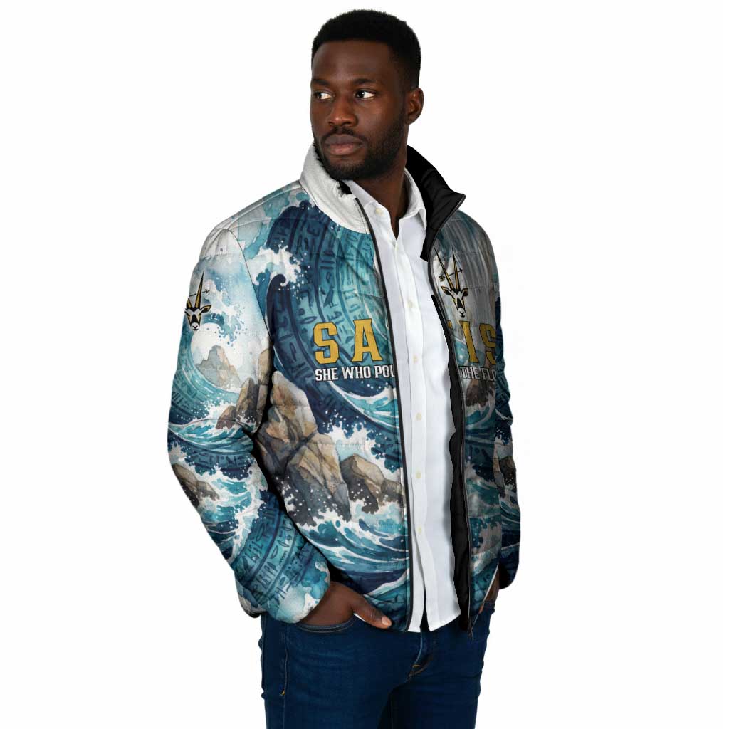 Satis Water Torrent Padded Jacket with Egyptian Flood Symbolism in Oceanic Blue Tones