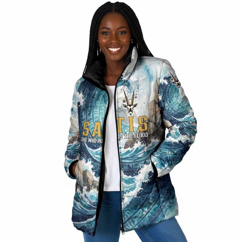 Satis Water Torrent Padded Jacket with Egyptian Flood Symbolism in Oceanic Blue Tones