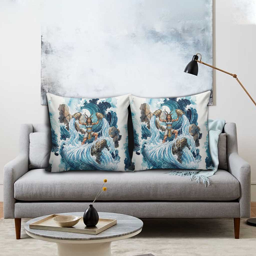 Satis Water Torrent Pillow Cover with Egyptian Flood Symbolism in Oceanic Blue Tones