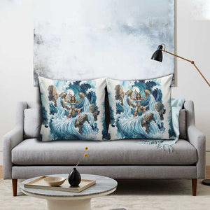 Satis Water Torrent Pillow Cover with Egyptian Flood Symbolism in Oceanic Blue Tones