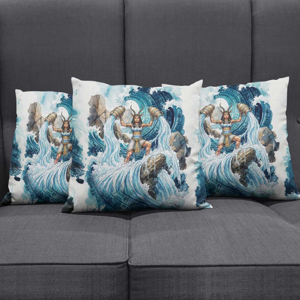 Satis Water Torrent Pillow Cover with Egyptian Flood Symbolism in Oceanic Blue Tones