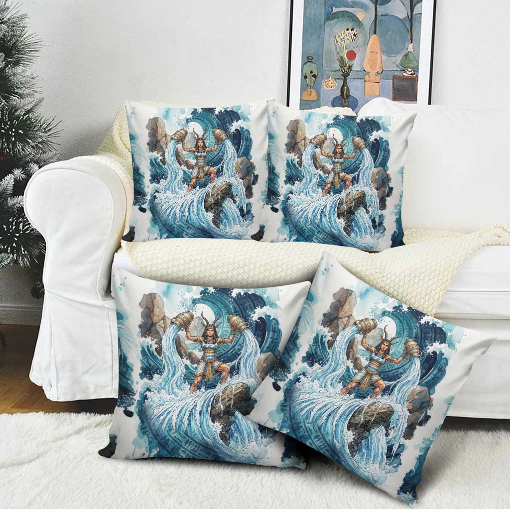 Satis Water Torrent Pillow Cover with Egyptian Flood Symbolism in Oceanic Blue Tones