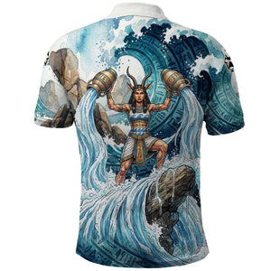 Satis Water Torrent Polo Shirt with Egyptian Flood Symbolism in Oceanic Blue Tones