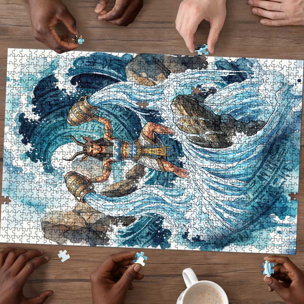 Satis Water Torrent Puzzle with Egyptian Flood Symbolism in Oceanic Blue Tones