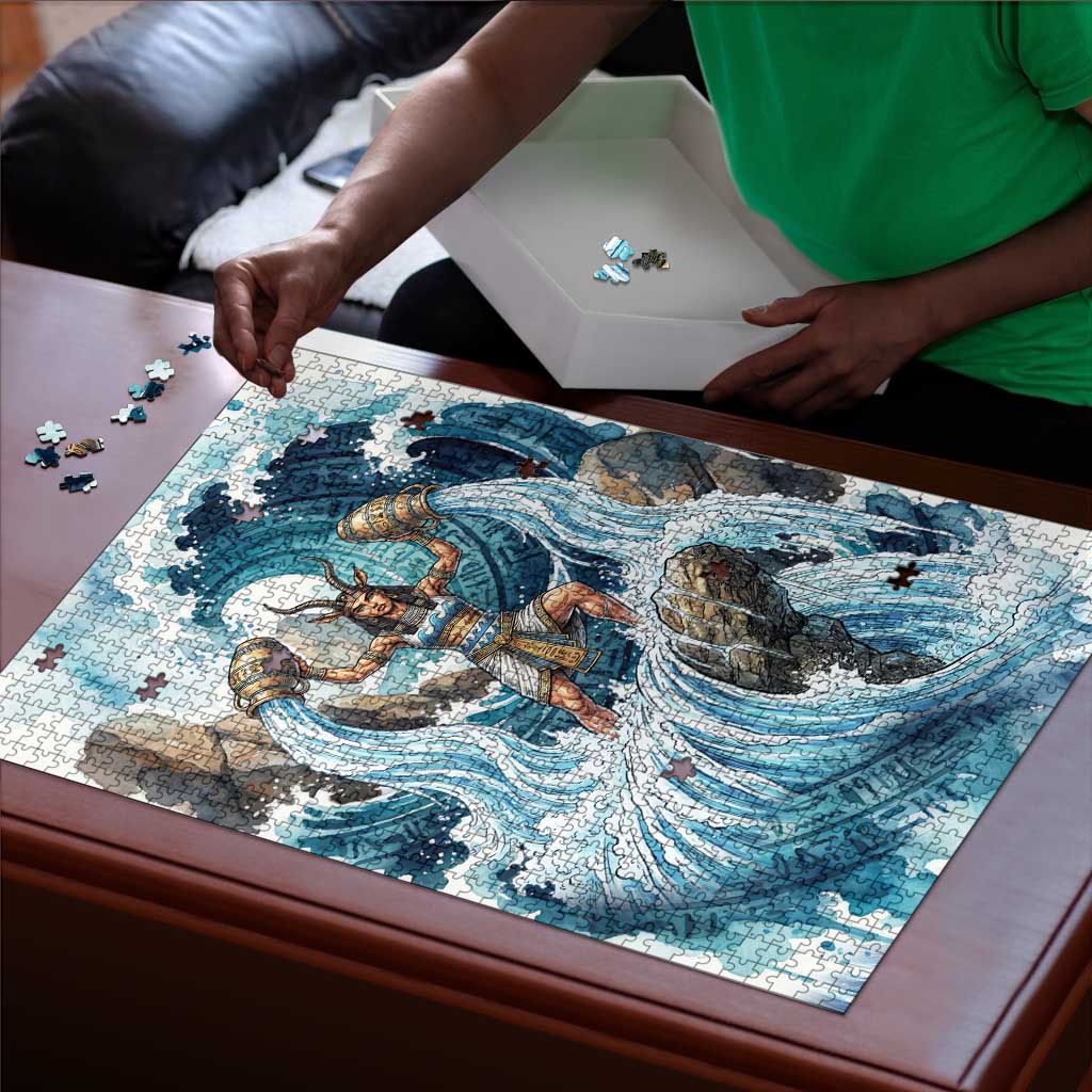 Satis Water Torrent Puzzle with Egyptian Flood Symbolism in Oceanic Blue Tones