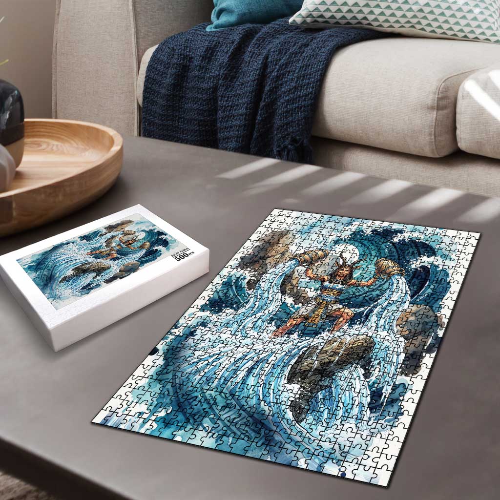 Satis Water Torrent Puzzle with Egyptian Flood Symbolism in Oceanic Blue Tones