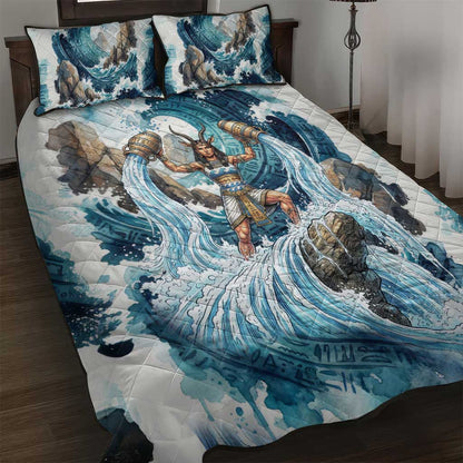 Satis Water Torrent Quilt Bed Set with Egyptian Flood Symbolism in Oceanic Blue Tones