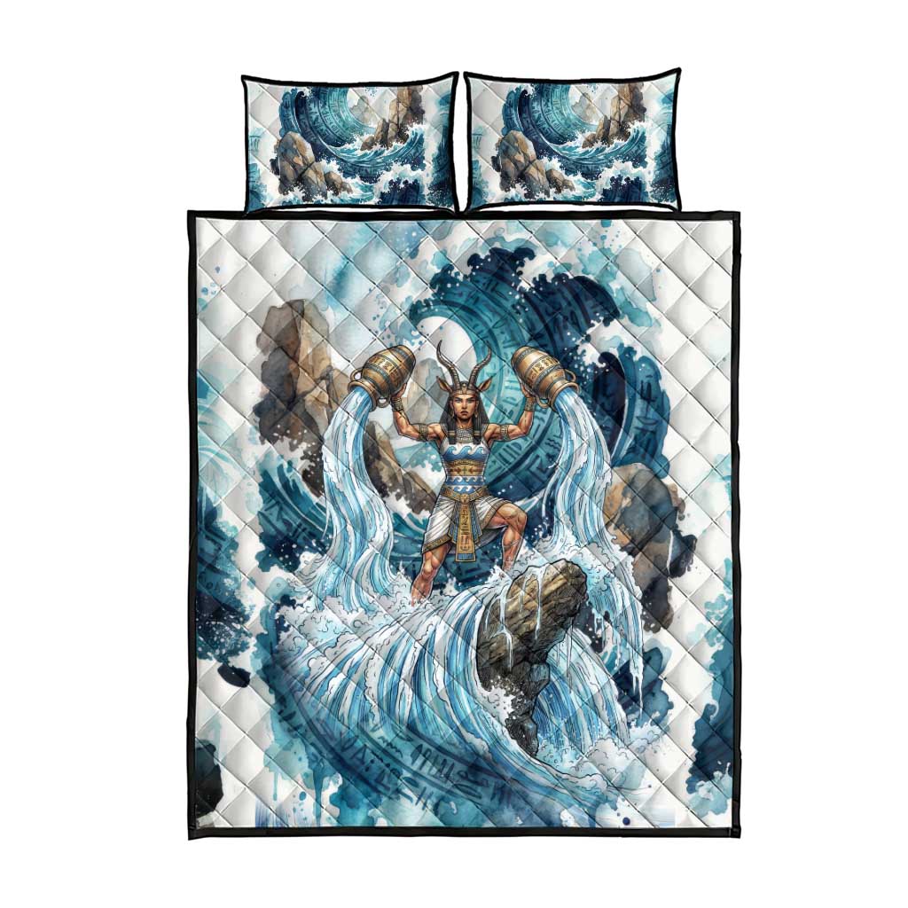 Satis Water Torrent Quilt Bed Set with Egyptian Flood Symbolism in Oceanic Blue Tones