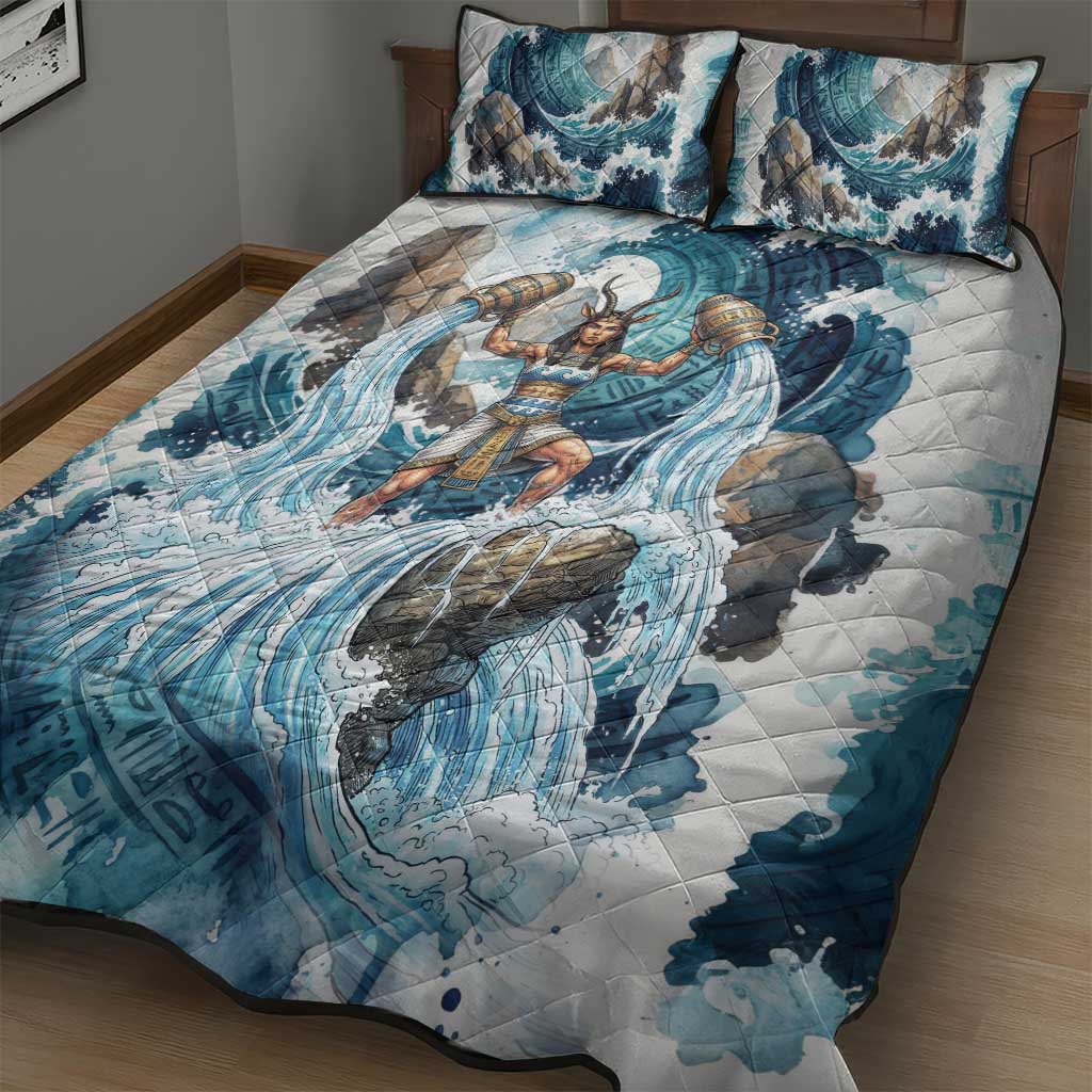Satis Water Torrent Quilt Bed Set with Egyptian Flood Symbolism in Oceanic Blue Tones