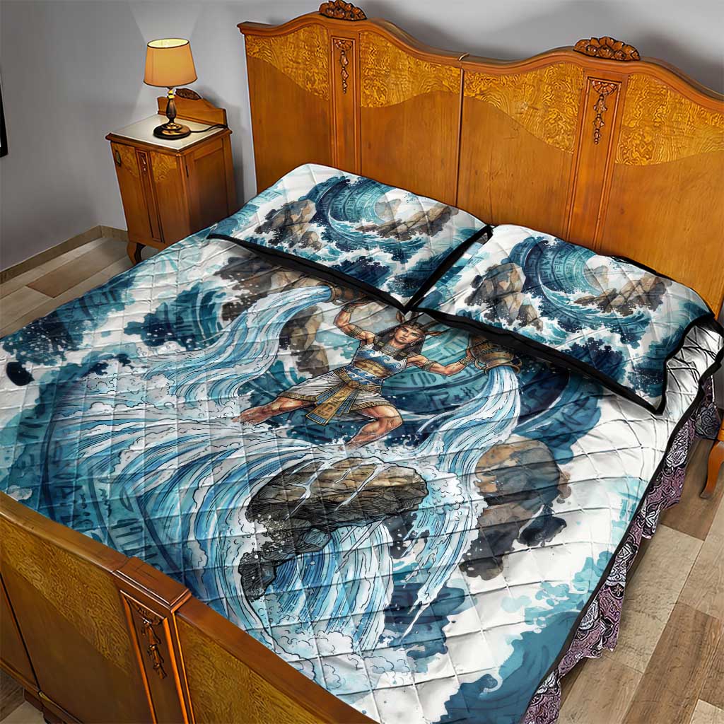 Satis Water Torrent Quilt Bed Set with Egyptian Flood Symbolism in Oceanic Blue Tones