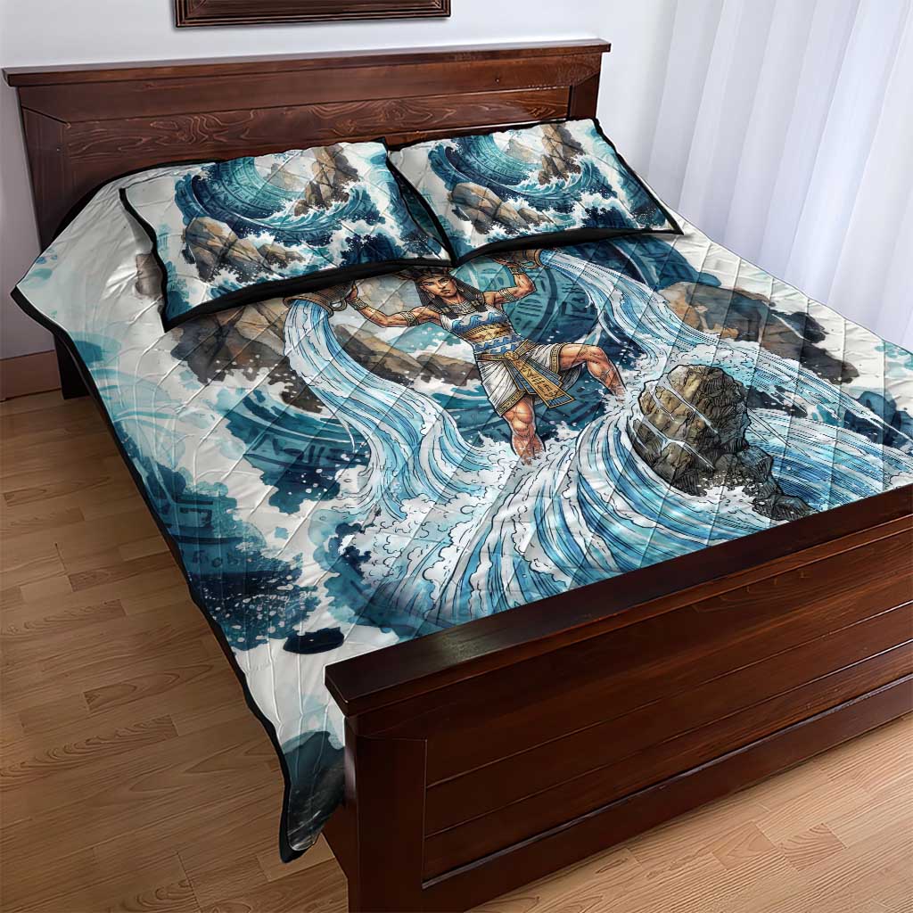 Satis Water Torrent Quilt Bed Set with Egyptian Flood Symbolism in Oceanic Blue Tones