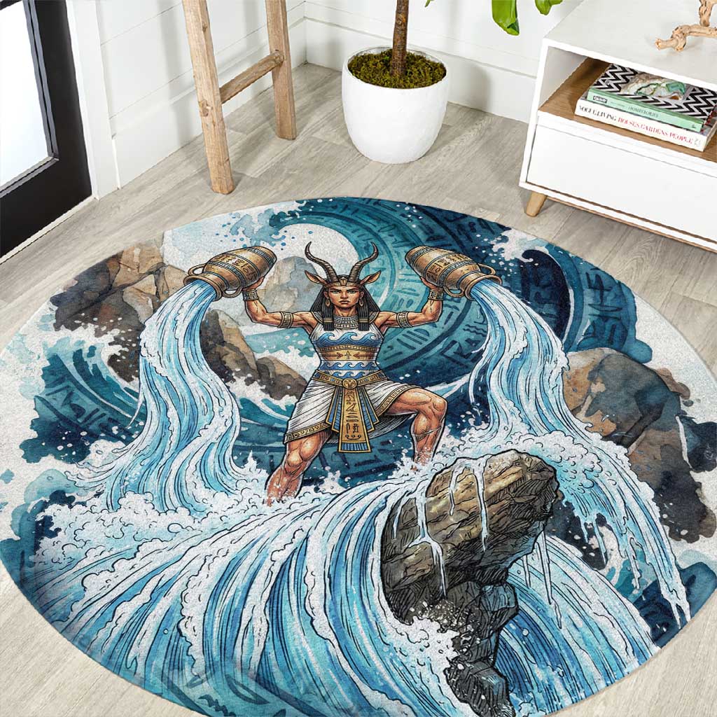 Satis Water Torrent Round Carpet with Egyptian Flood Symbolism in Oceanic Blue Tones