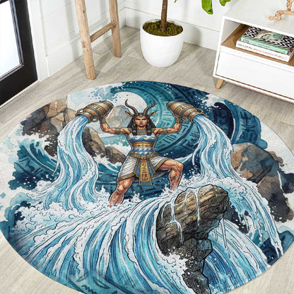 Satis Water Torrent Round Carpet with Egyptian Flood Symbolism in Oceanic Blue Tones