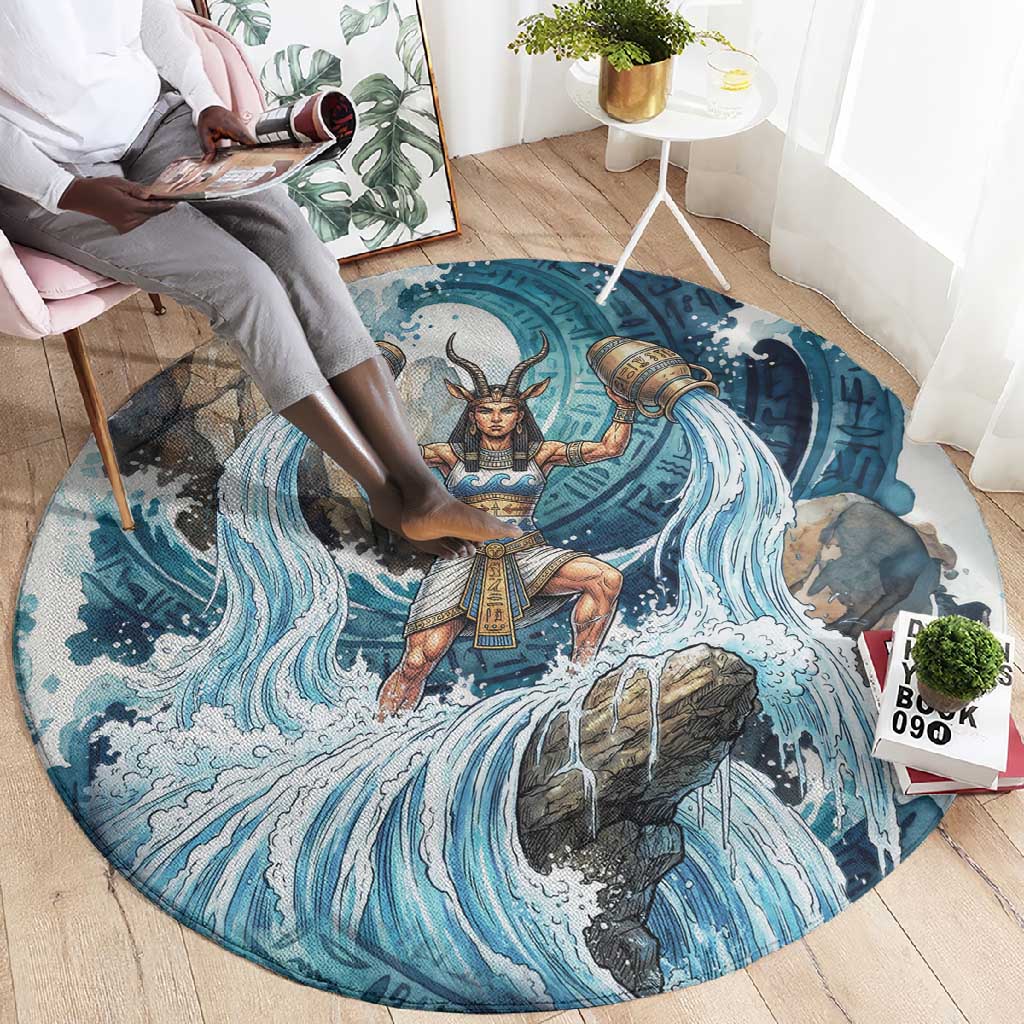 Satis Water Torrent Round Carpet with Egyptian Flood Symbolism in Oceanic Blue Tones