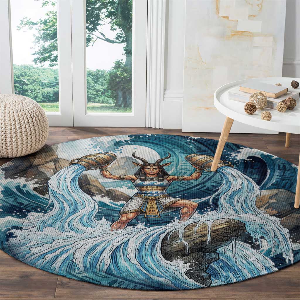 Satis Water Torrent Round Carpet with Egyptian Flood Symbolism in Oceanic Blue Tones
