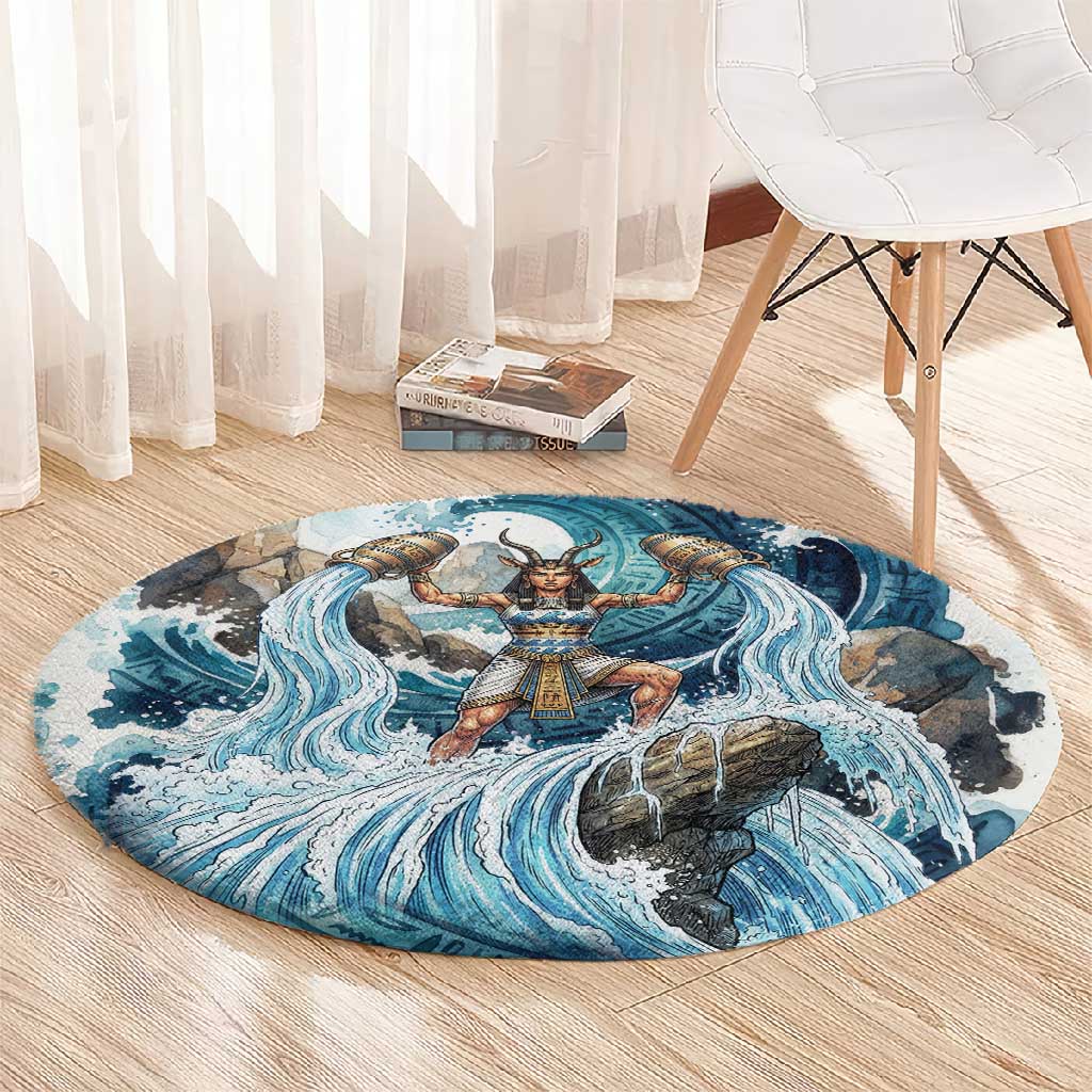 Satis Water Torrent Round Carpet with Egyptian Flood Symbolism in Oceanic Blue Tones