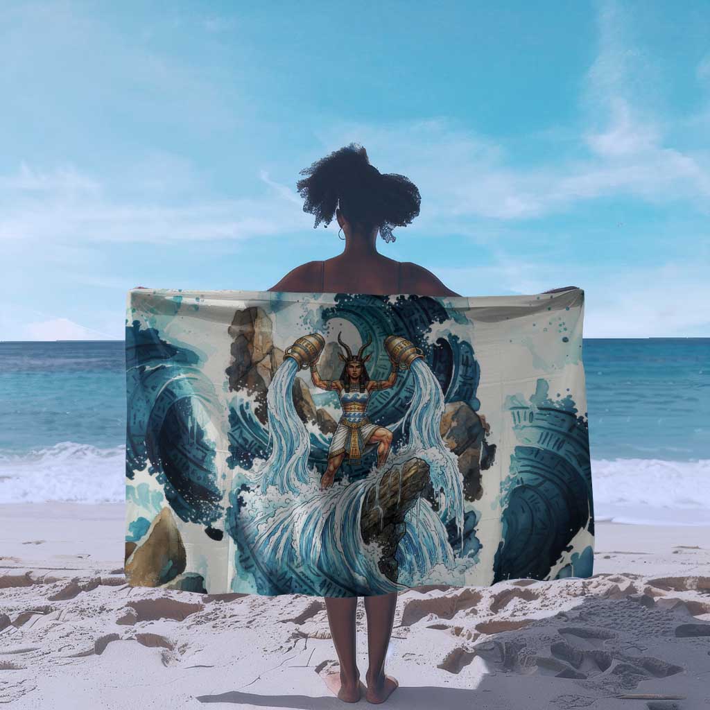 Satis Water Torrent Sarong with Egyptian Flood Symbolism in Oceanic Blue Tones
