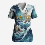 Satis Water Torrent Scrub Top with Egyptian Flood Symbolism in Oceanic Blue Tones