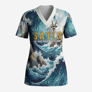 Satis Water Torrent Scrub Top with Egyptian Flood Symbolism in Oceanic Blue Tones