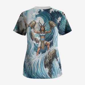 Satis Water Torrent Scrub Top with Egyptian Flood Symbolism in Oceanic Blue Tones