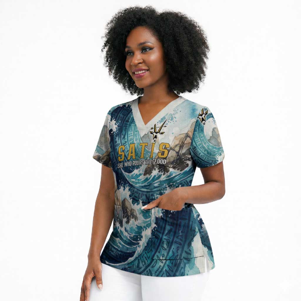 Satis Water Torrent Scrub Top with Egyptian Flood Symbolism in Oceanic Blue Tones