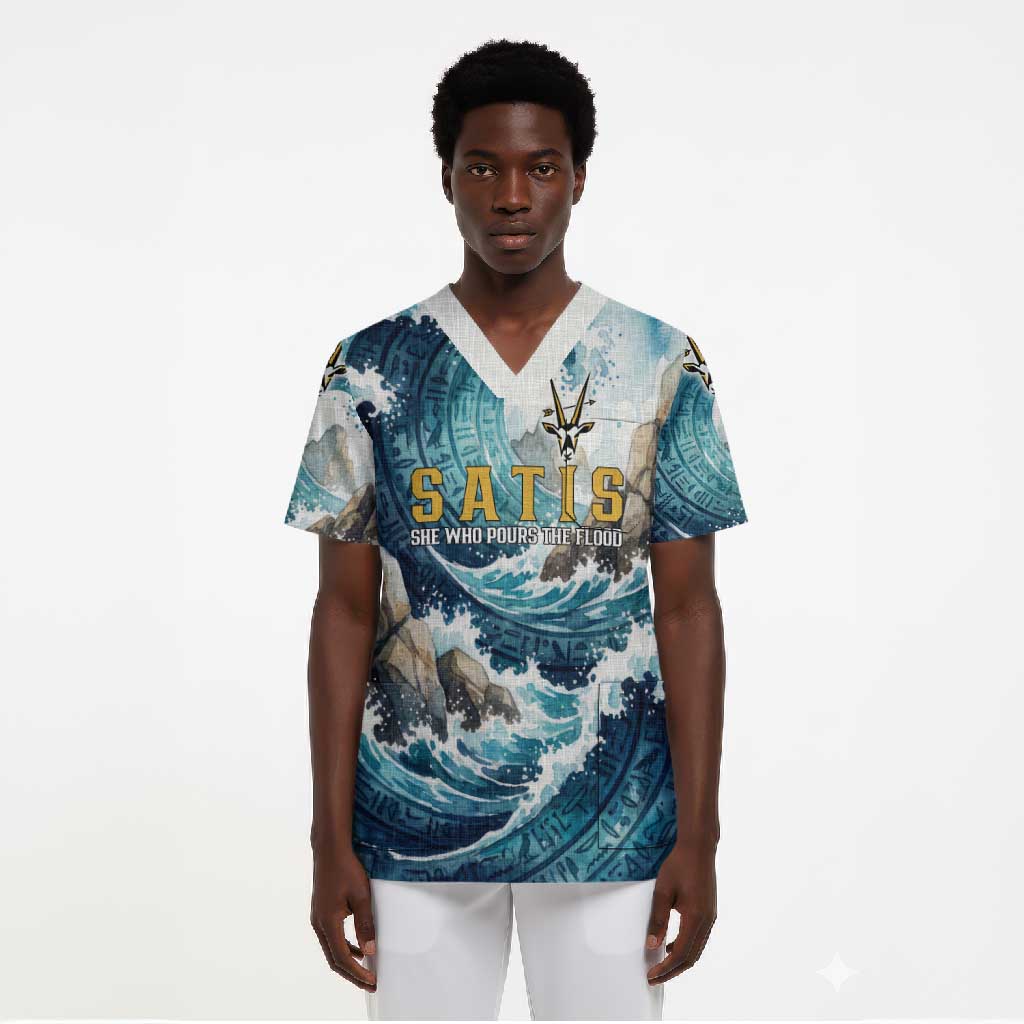 Satis Water Torrent Scrub Top with Egyptian Flood Symbolism in Oceanic Blue Tones