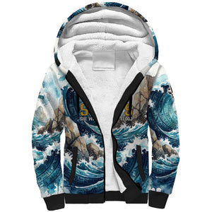 Satis Water Torrent Sherpa Hoodie with Egyptian Flood Symbolism in Oceanic Blue Tones