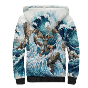 Satis Water Torrent Sherpa Hoodie with Egyptian Flood Symbolism in Oceanic Blue Tones