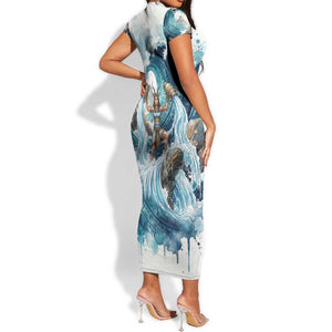 Satis Water Torrent Short Sleeve Bodycon Dress with Egyptian Flood Symbolism in Oceanic Blue Tones