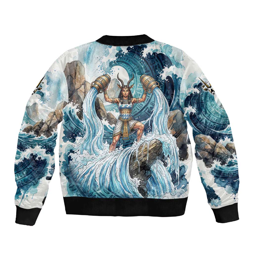 Satis Water Torrent Sleeve Zip Bomber Jacket with Egyptian Flood Symbolism in Oceanic Blue Tones