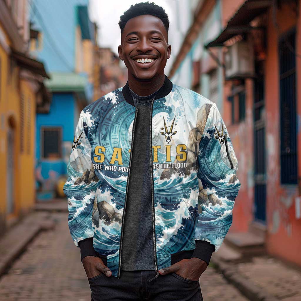 Satis Water Torrent Sleeve Zip Bomber Jacket with Egyptian Flood Symbolism in Oceanic Blue Tones